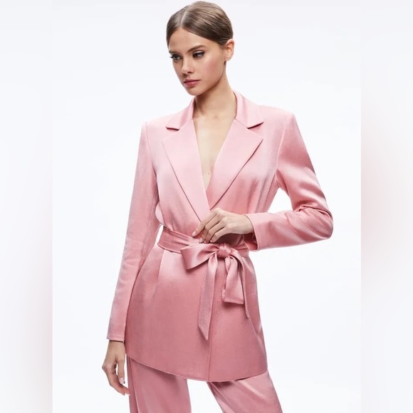 NWT $595 Alice + Olivia Karley Tie Belt Wrap Satin Blazer Coat - Picture 2 of 7